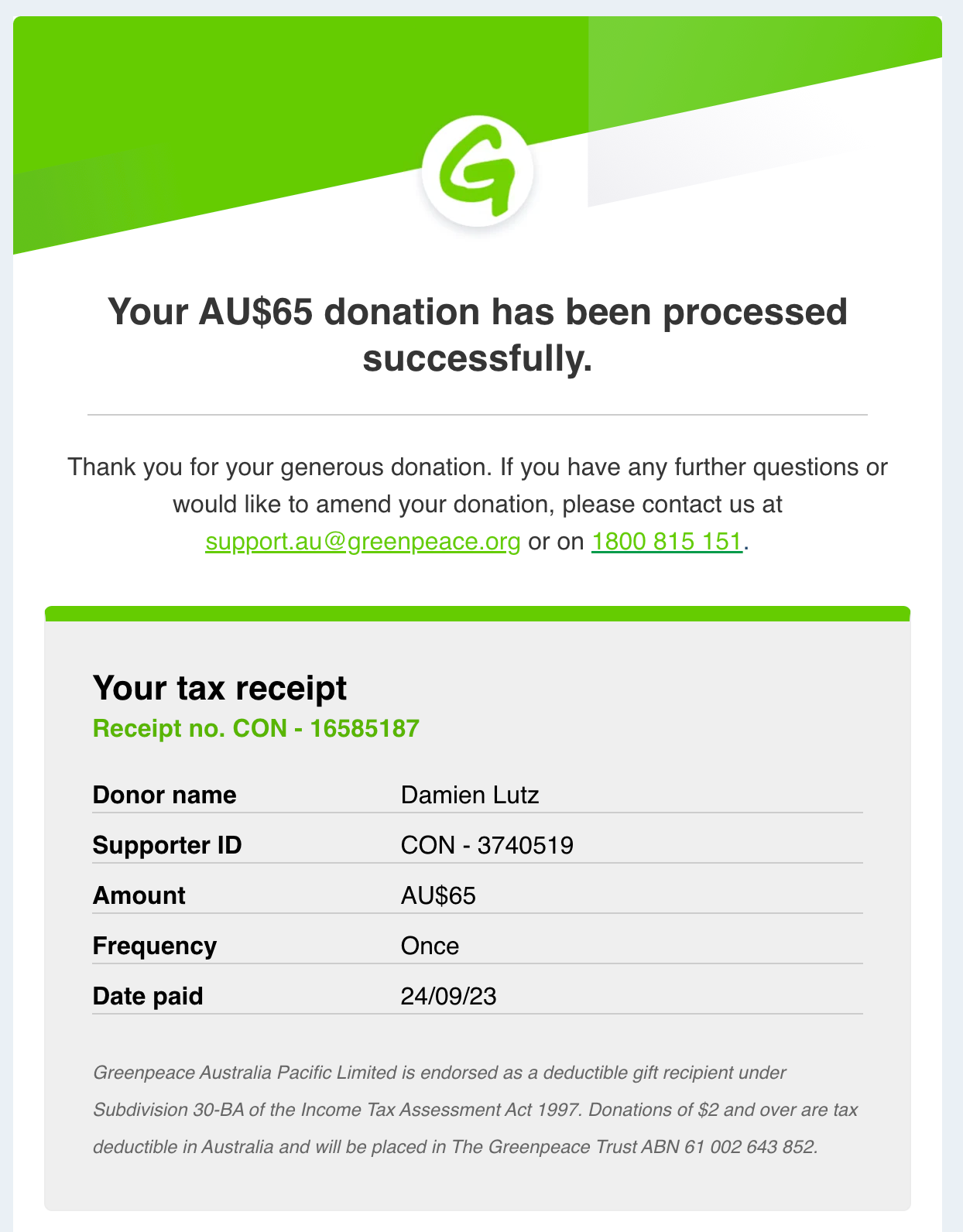 A receipt from Greenpeace for a $65 donation, supporting the fight for climate justice.