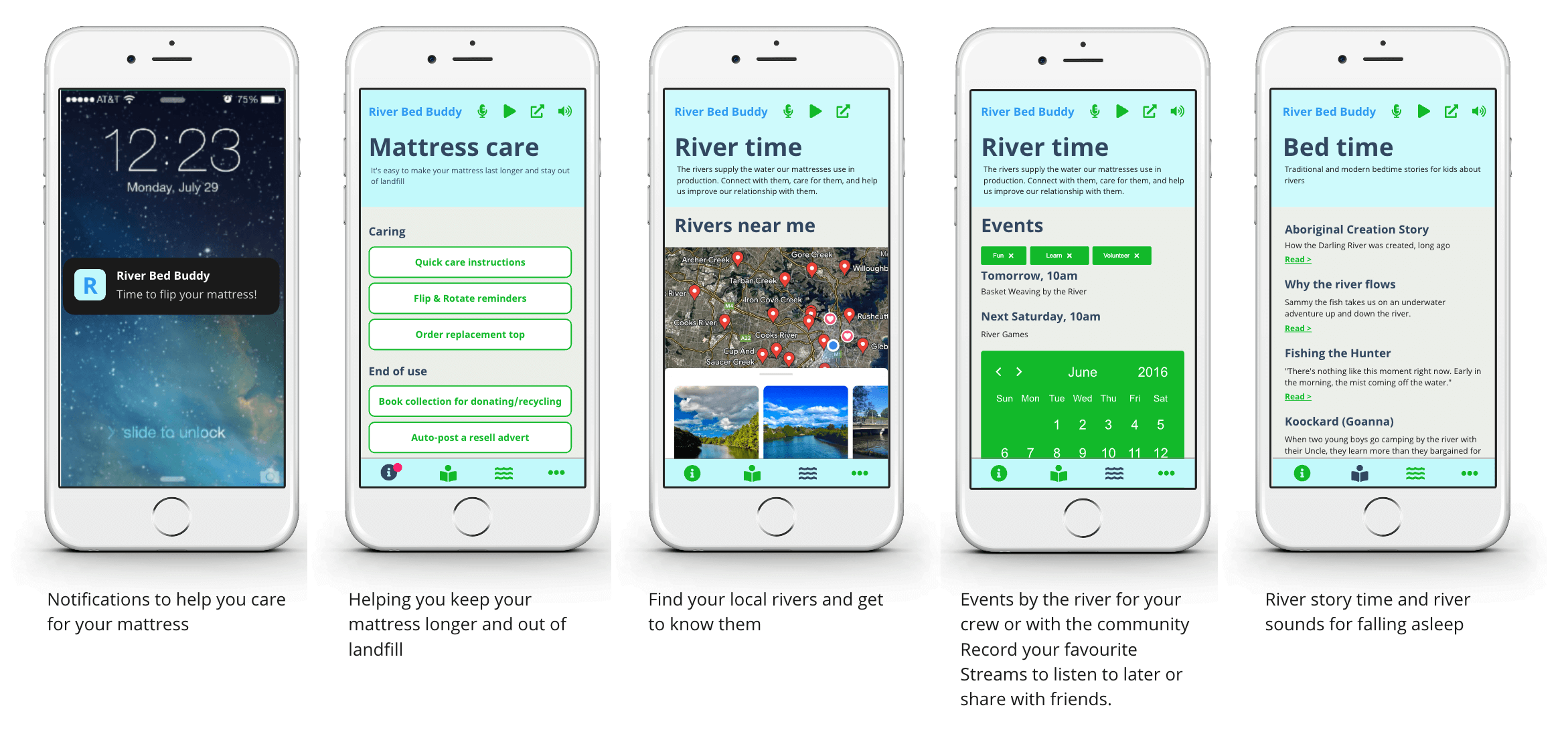 The River Bed Buddy App concept to connect mattress owners to the river systems impacted by mattress production